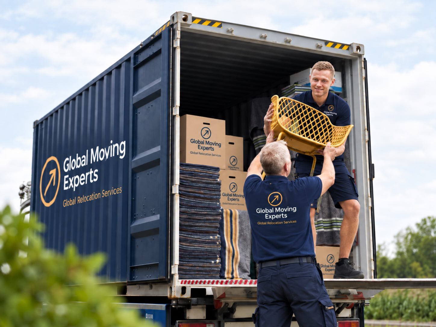 Movers carefully wrapping furniture before an international relocation